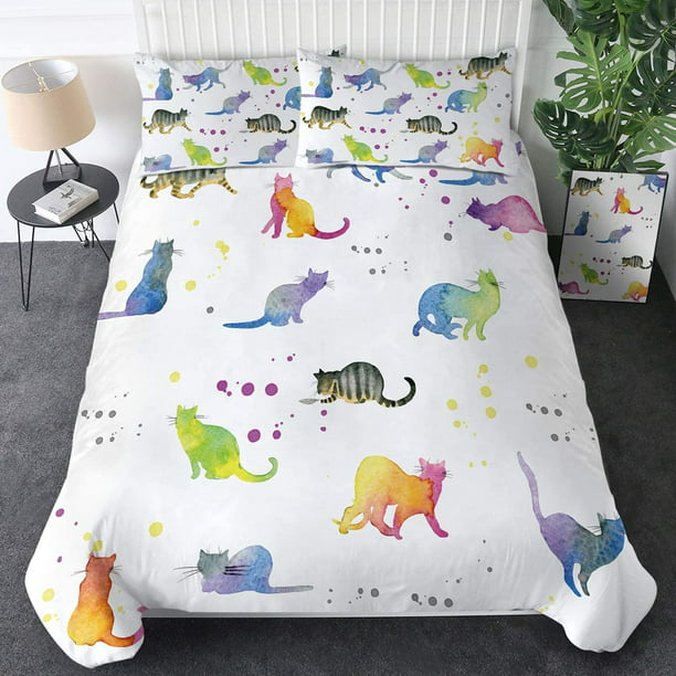 Cat Bedding Sets for Kids Boys Girls Animal Print Bedspreads 3 Piece Bed Set  1 Comforter Duvet Cover 2 Pillowcase（Watercolor Cats,King） 