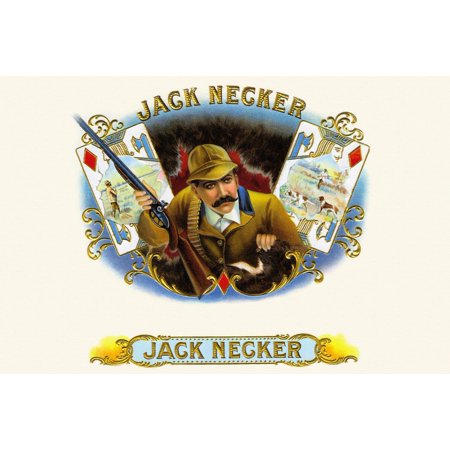Jack Necker Bird Hunting Cigar Label in full color  Probably named after period slang Jack Necker cigars are here personified by a hunter armed with a double-barreled shotgun He is flanked by two