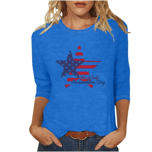 Camisetas de Manga Corta para las Mujeres Día de la Independencia Impreso Suelto Cuello Redondo Tee, Casual Y Blusas Festivas para las Mujeres Casual