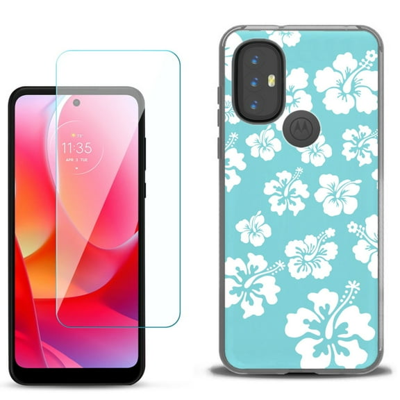 Slim-Fit Gel TPU Phone Case for Motorola Moto G Power 2022, with Tempered Glass Screen Protector, by OneToughShield ® - Hibiscus Teal