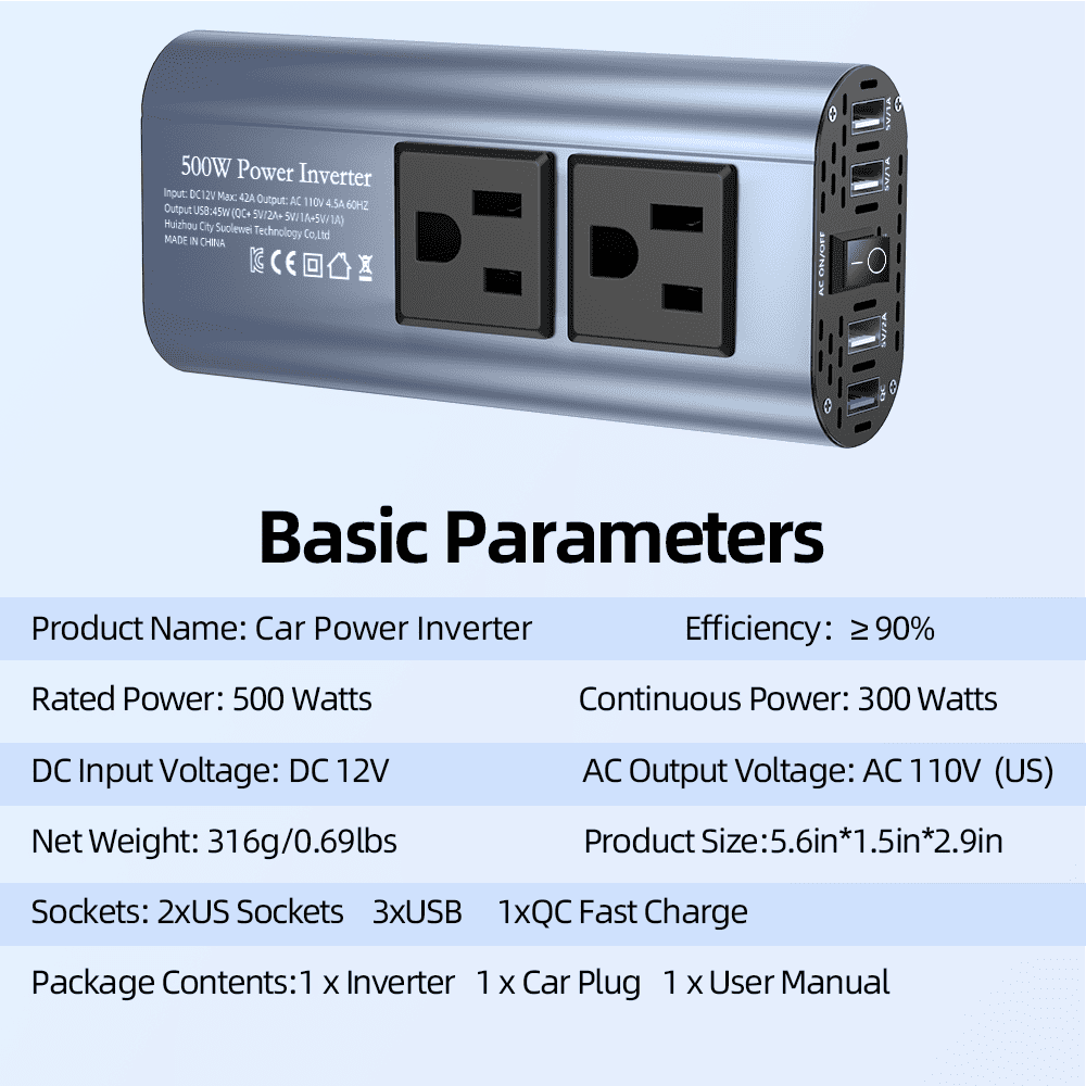 TATALIKEN 500W Car Inverter, 12V DC to 110V AC w/ 2 Outlets & 4 USB Ports, for Laptop