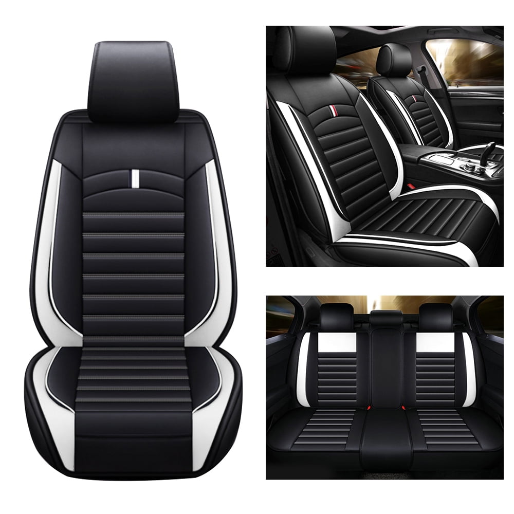 Maidao Universal Leather Car Seat Cover,Luxury 5 Seats Front and Rear Seat Covers with Non-slip Bottom,Full Set Black White