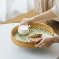 thumbnail image 3 of 13.8 in Round Rattan Serving Tray with Handle, Mother of Pearl Inlay Wooden Base, Decorative Wicker for Table, Kitchen Island & Home Decor (Green Leaf), 3 of 9