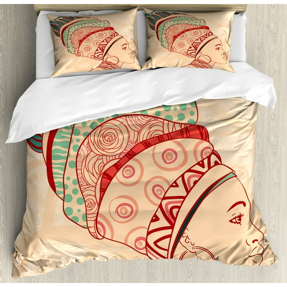 African Duvet Cover Set, Local Female Portrait with Necklace Earring and Turban Ornaments, Decorative 3 Piece Bedding Set with 2 Pillow Shams, Queen Size, Peach Red Teal, by Ambesonne
