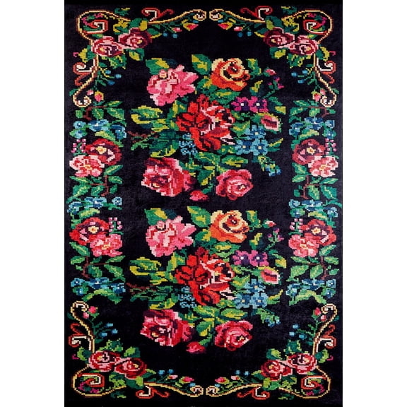 Votkinsk Black Floral Polyester Area Rugs for Living Room Washable Rugs Boho Moroccan Area Rug Soft Geometric Bohemian Carpet Distressed Indoor Rug for Bedroom Dining Room Office Nonslip Rug