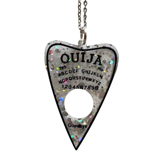 OUIJA Board Necklace - Glitter Plastic Planchette in Small Velvet Jewelry Bag