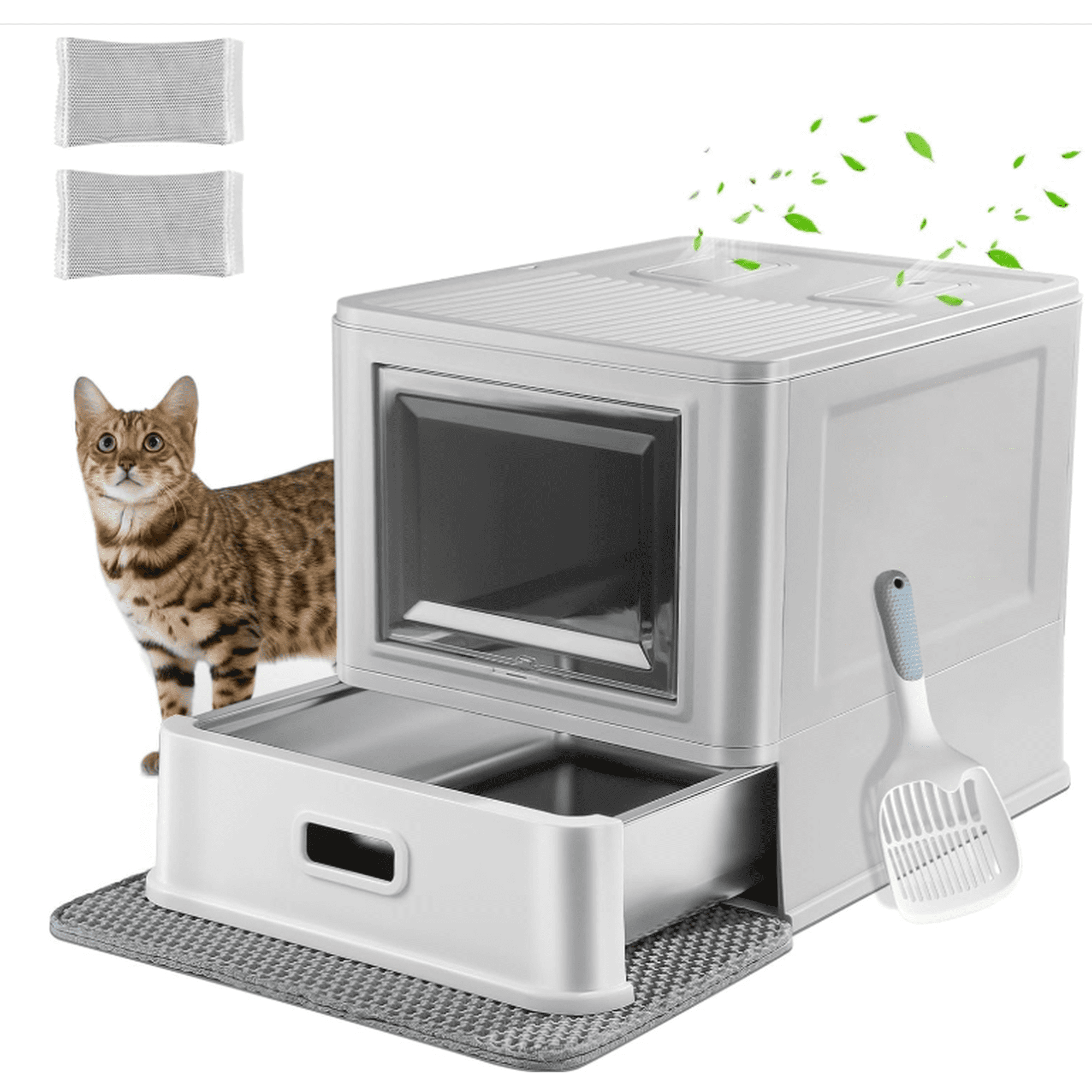 Marchul Enclosed Stainless Steel Cat Litter Box with Lid & Drawer, Anti-Leakage Baffle, Includes Scoop & Mat for Indoor Cats
