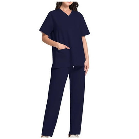 

Hesxuno Womens Plus Size Scrubs Women Fashion Solid Pocket V-Neck Short Sleeve Blouse Long Pants Nursing Uniform Sets Summer Nurse Shirts Scrubs