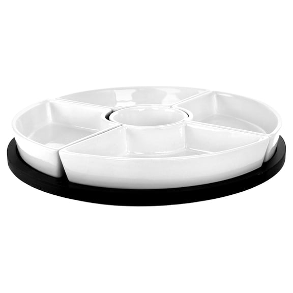 Gibson Elite Gracious Dinning 6 Piece Stoneware Sectional Serving Set with Revolving Wood Tray
