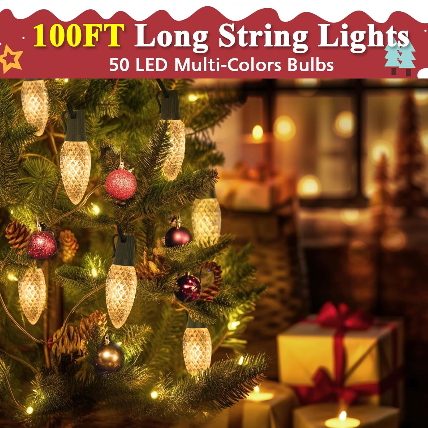 Nordic Hygge 100FT 50 LED Indoor Outdoor Christmas String Light for House Roof Patio Tree, Warm White