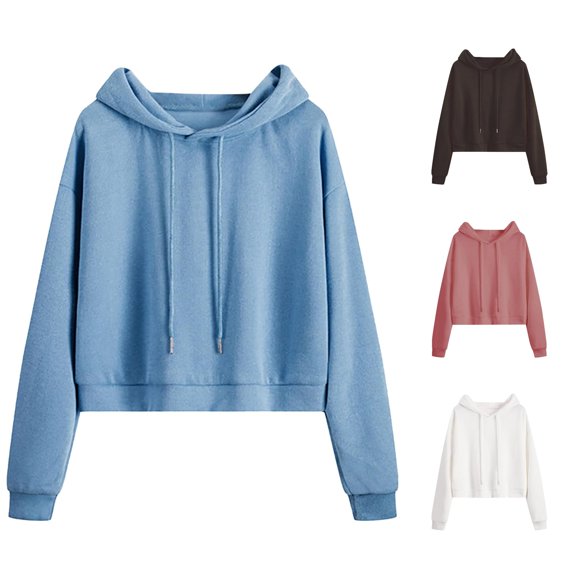 Tanghaowl Women's Sweatshirts Solid Sweatshirt Casual Long Sleeve Hooded Loose Drawstring Hoodie Pullover with Soft Breathable Material Blue M