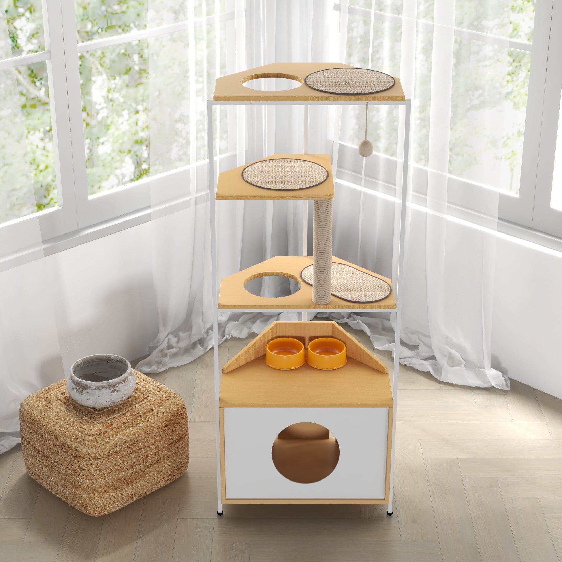 AENKYO 58.27 inch Indoor 5-level Cat Tree with Cat Nest and 2 Bowls, Cat Tower with Sisal Scratching Post, Light Oak