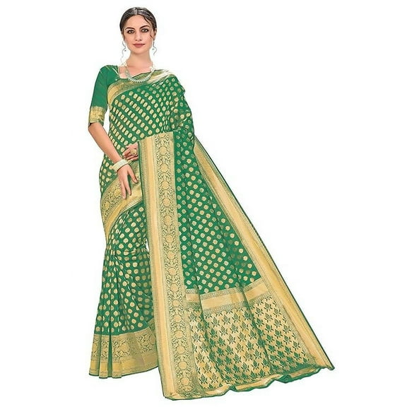 Green Banarasi Silk Saree | Saree With Unstitched Blouse | Bollywood Saree | Traditional Saree | Party Wear Saree | Wedding Saree