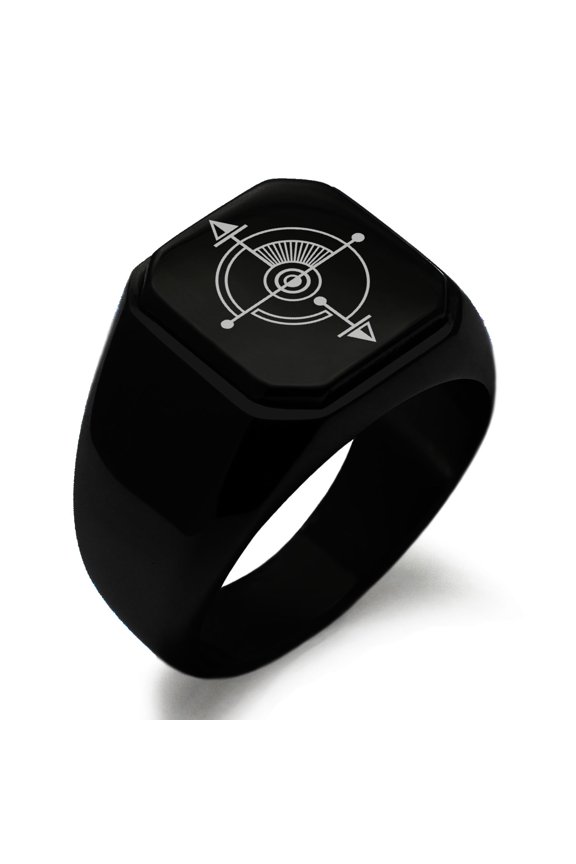 Stainless Steel Sacred Geometric Compass Engraved Square Flat Top Biker Style Polished Signet Ring