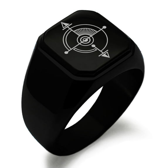 Stainless Steel Sacred Geometric Compass Engraved Square Flat Top Biker Style Polished Signet Ring
