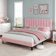 thumbnail image 3 of Queen Size Bed Frame, Velvet Upholstered Platform Bed with Adjustable Vertical Channel Tufted Headboard, No Box Spring Needed, Easy Assembly, Pink, 3 of 9