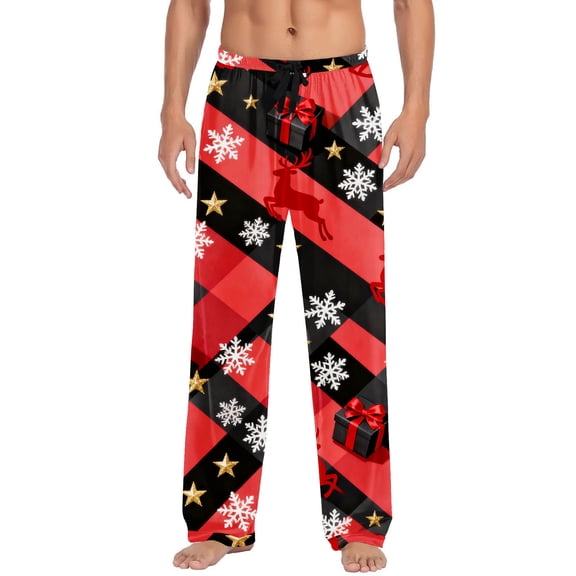 qelini Sleep Pants for Men with Pockets Elastic Waist Straight Leg Pants Plaid Loungewear Pants Stylish PJs Bottoms