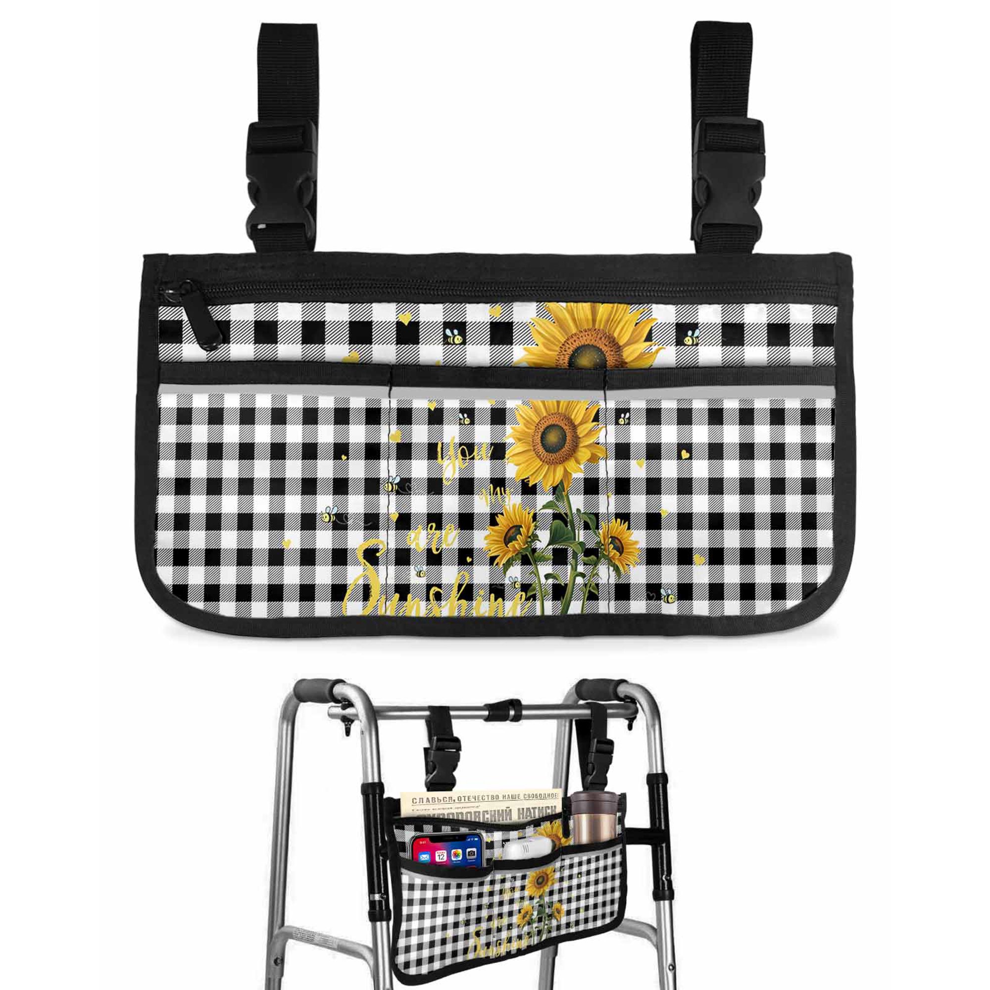Sunflower Wheelchair Side Bag with Cup Holder, You Are My Sunshine Floral Bee Black Buffalo Plaid Wheelchair Armrest Bag Storage Pouch Adults, Seniors for Walkers, Rollator, Scooter