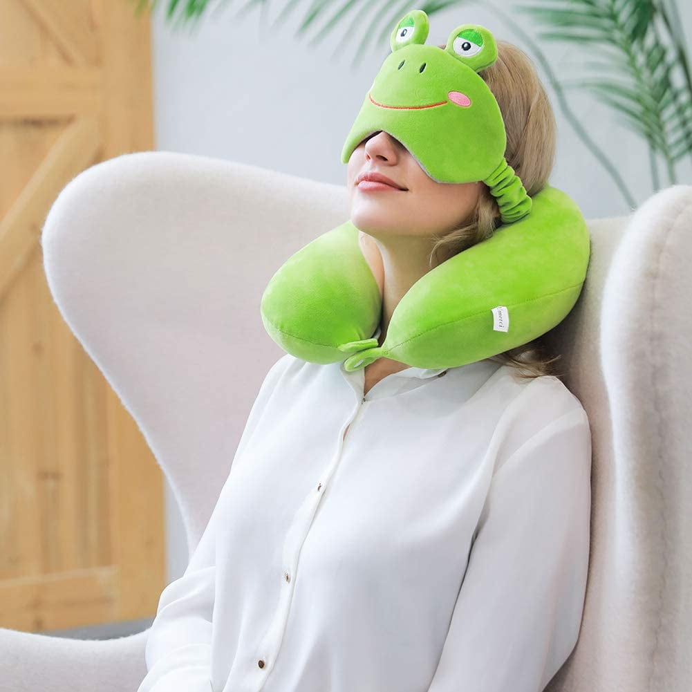Memory Foam Animal Travel Pillow Comfortable Neck Pillow with Cute Eye Mask Lightweight Traveling Pillow for Airplane Car Train Bus and Home Use
