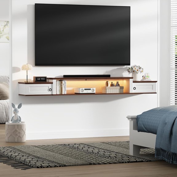 Floating TV Stand for up to 80 Inch TVs, 70" Modern Wall Mounted TV Shelf with LED Light and Power Outlet, Farmhouse TV Stand for Living Room, Bedroom, Antique White