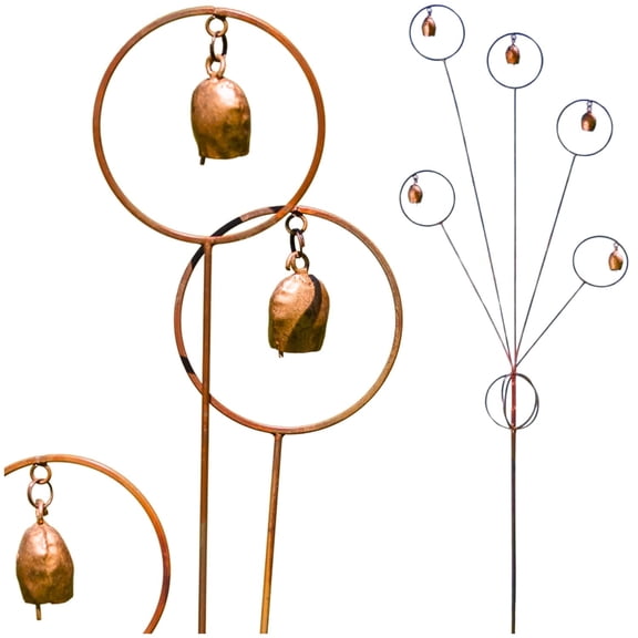 Flamed Bells Garden Stake – Handcrafted Metal Yard Art with 5 Bells, 55″ Outdoor Decorative Garden Ornament