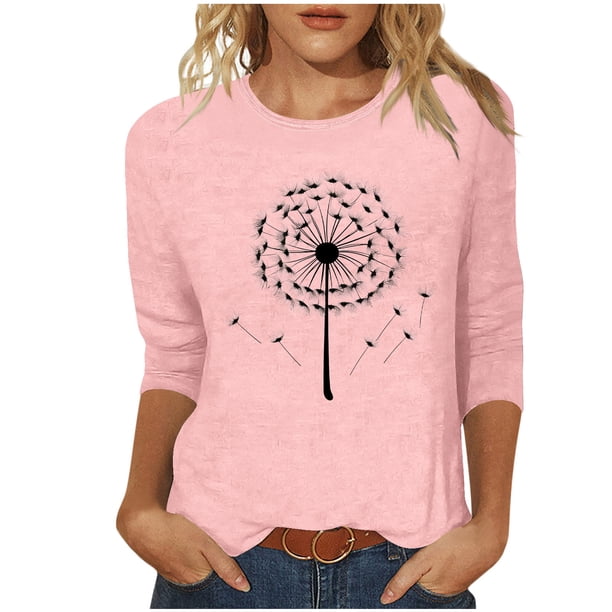 Tops de Cuello Redondo para las Mujeres Moda Impresa 3/4 Mangas Blusa Casual Top, Estante de Imitación