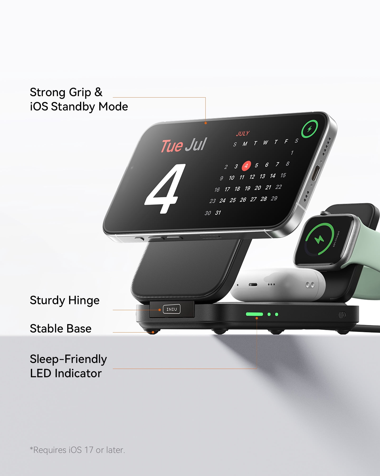 INIU 3 in 1 Wireless Charger, 15W Foldable Magnetic iPhone Charger, Wireless Charging Station with Qi2 Certified for iPhone, Apple Watch, AirPods (Adaptor Included)