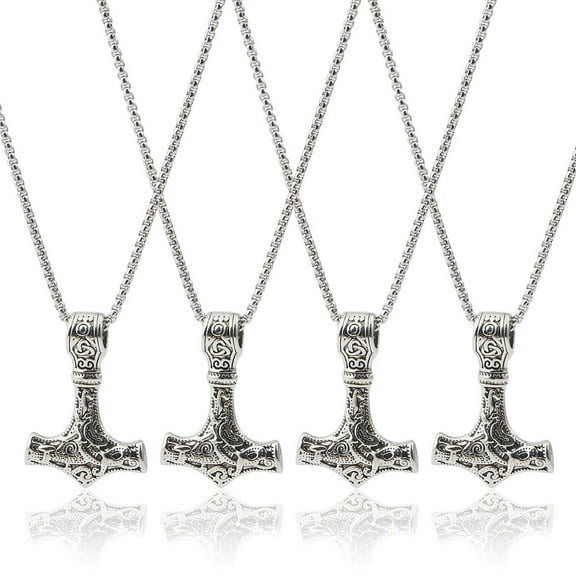 1box 4pcs Stainless Steel Norse Viking Hammer Necklace with box Chains for Men Antique Silver & Stainless Steel color 25.20 inch(64cm)