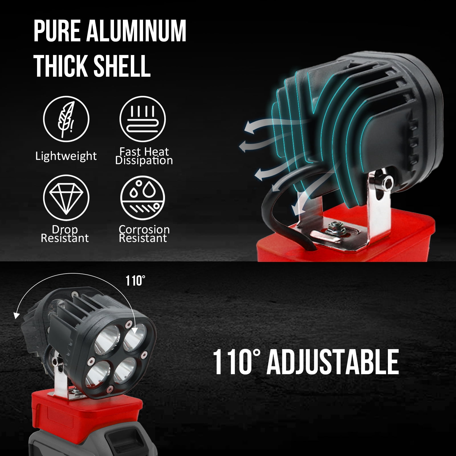 Cordless LED Work Light Compatible with Milwaukee 18V Battery, 48W 4800LM Flashlight, with Low Voltage Protection Adjustable 110° Flood Light for Outdoor Emergency Job Site Lighting