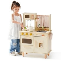 Robud Wooden Play Kitchen for Kids Toddlers, Pretend Play Kitchen Set Toy with Microwave, Sink, Oven, Chalkboard & Plant Kits Gift Toys, Beige