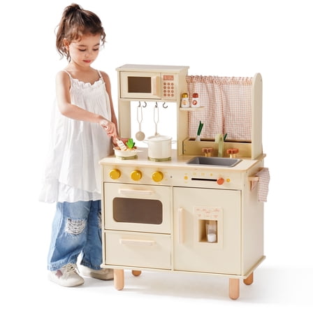 Robud Wooden Play Kitchen for Kids Toddlers, Pretend Play Kitchen Set Toy with Microwave, Sink, Oven, Chalkboard & Plant Kits Gift Toys, Beige