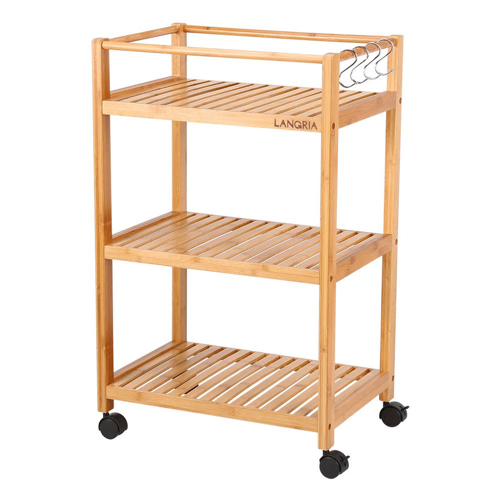 Storage Shelf, LANGRIA Bamboo AllPurpose, 3 Tier Rolling Cart with
