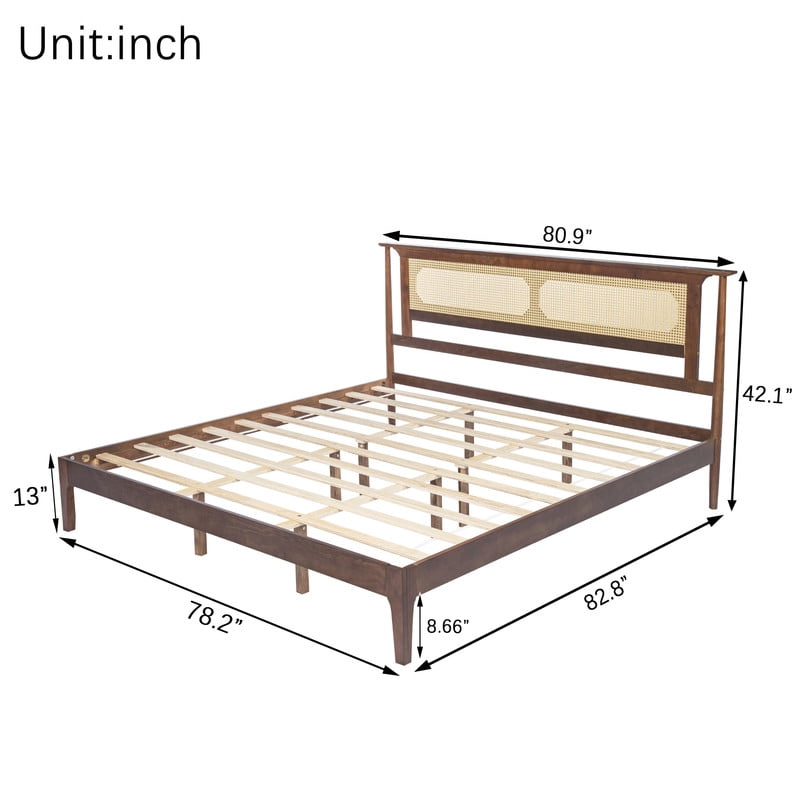 King Size Wooden Platform Bed with Rattan Headboard, Low-Profile Bed Frame with 8.6'' Under-Bed Storage