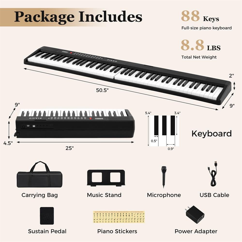 Topcobe 88 Key Foldable Piano Keyboard Portable Semi Weighted Electric Piano, Keyboard Piano, Music Keyboard-Black