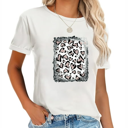 Women Kawaii Leopard Heart Cheetah Print On Bleach Fashionable Women s Graphic T-Shirt --- Short Sleeve Shirt for Women