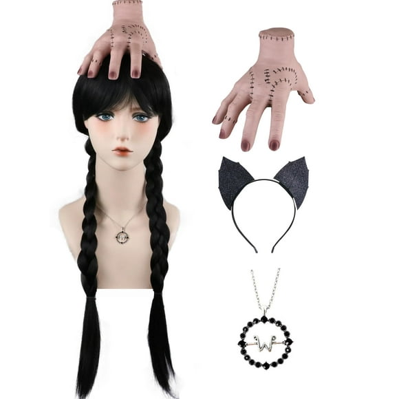 Peluca AKZKQKER Wednesday Addams trenzada negra para Halloween