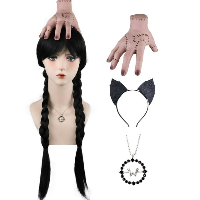 Peluca AKZKQKER Wednesday Addams trenzada negra para Halloween