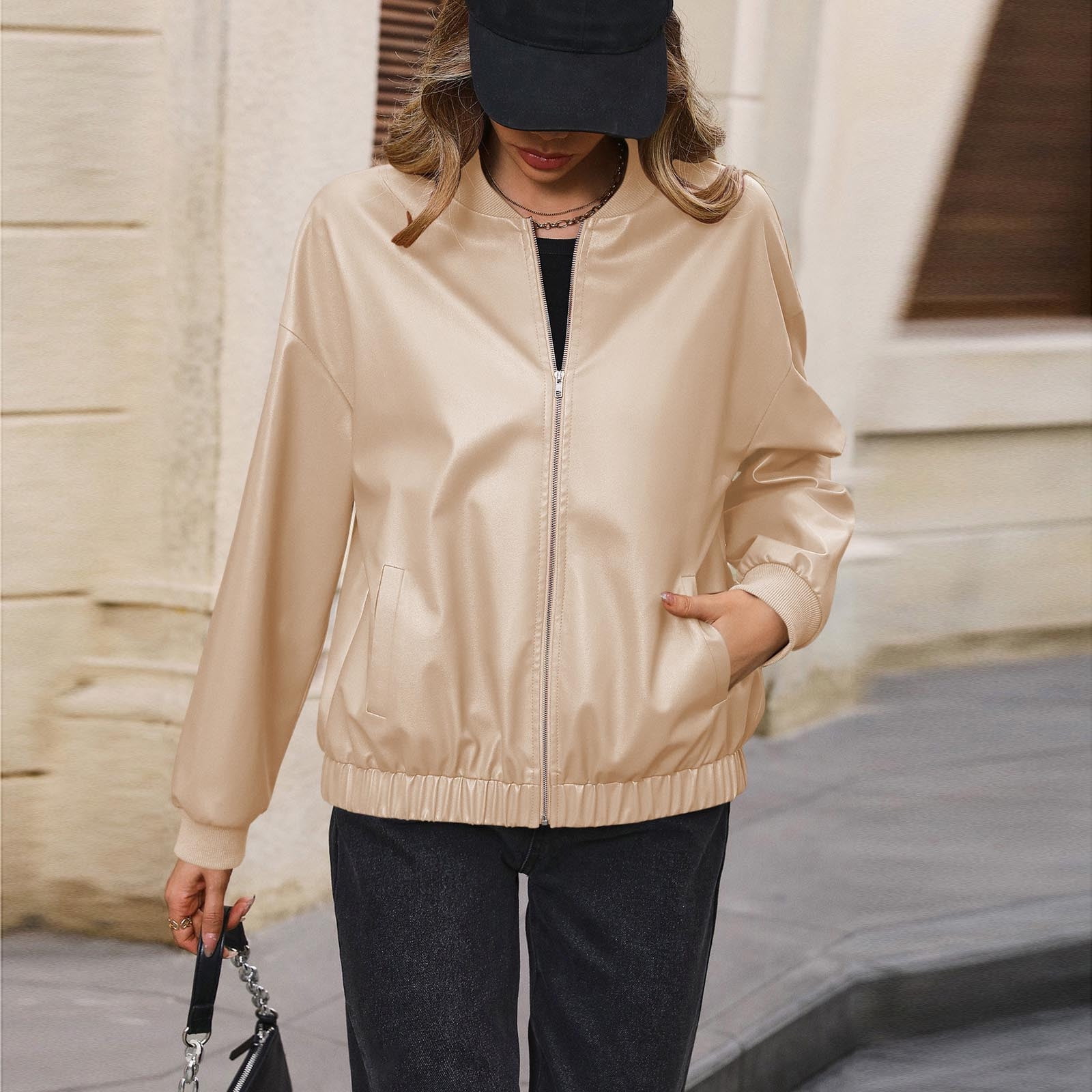 AherBiu Baseball Leather Jackets for Women Zip up Casual Coats - Main Image