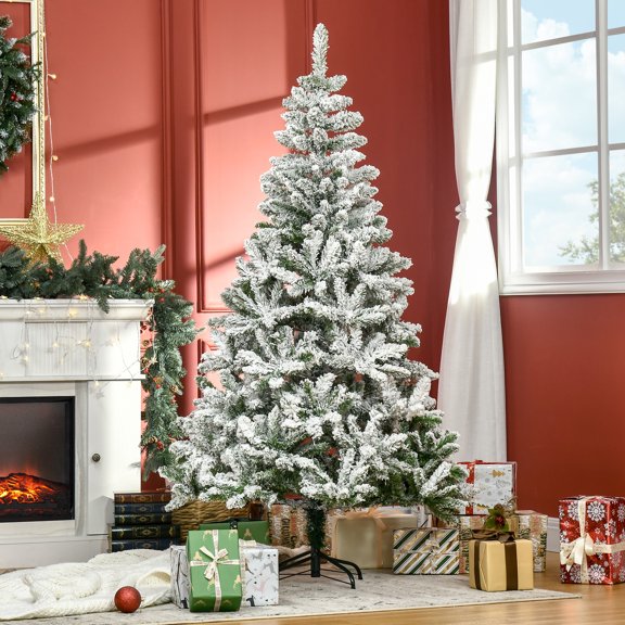 HOMCOM 6' Tall Unlit Snow Flocked Pine Artificial Christmas Tree with Realistic Branches, Green