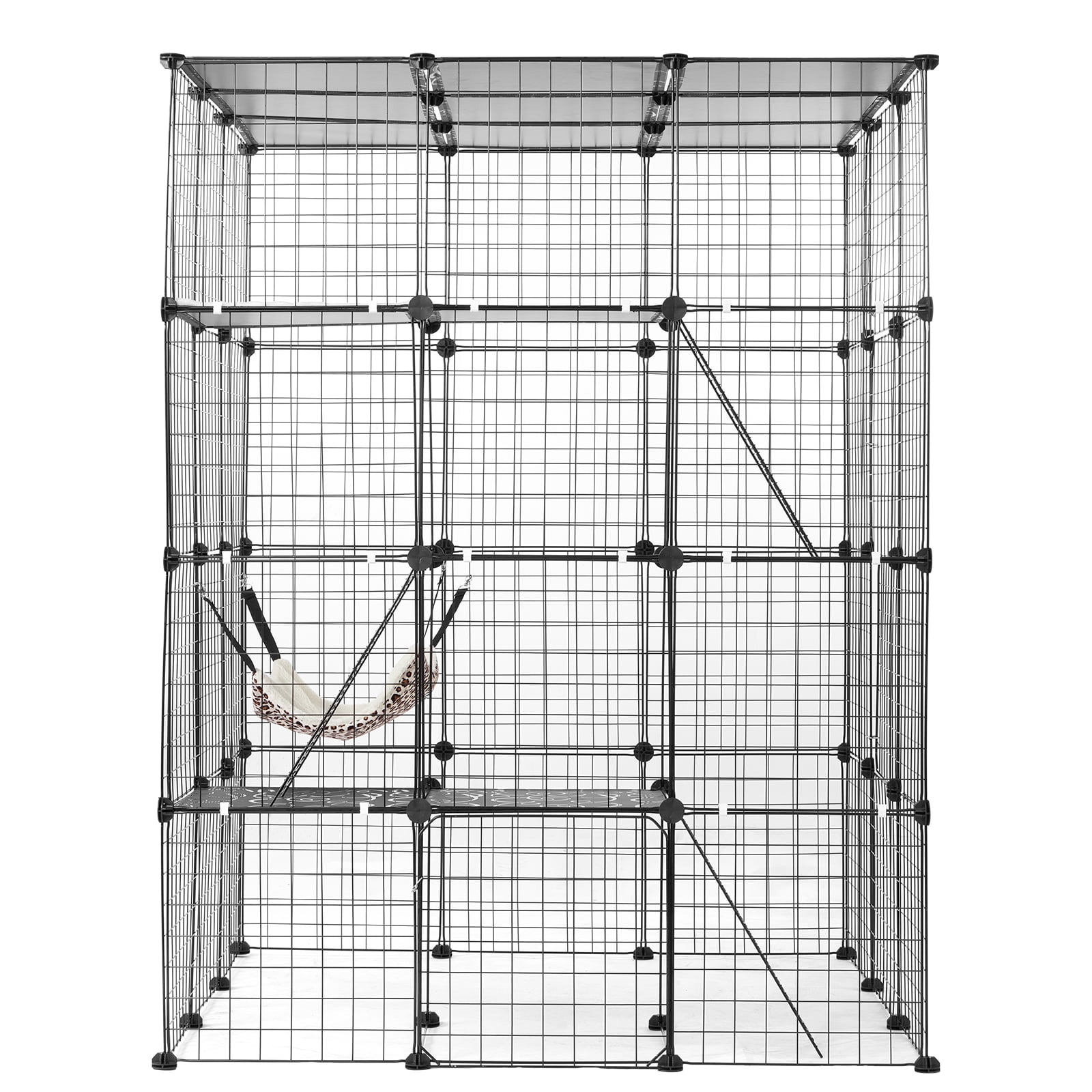 KFFKFF 4-Tier Cat Enclosure 41 x 41 x 55", Large Cat Cage with Hammock, 4 Entryways, Ladders, Metal Wire Cat Habitat Cat Kennel, Black
