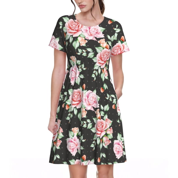 Fotbe Rose Flowers Vestido Largo de Moda para Mujer, Vestido Tipo Camiseta con Manga Corta y Estilo Casual a Rayas y Bloques de Color