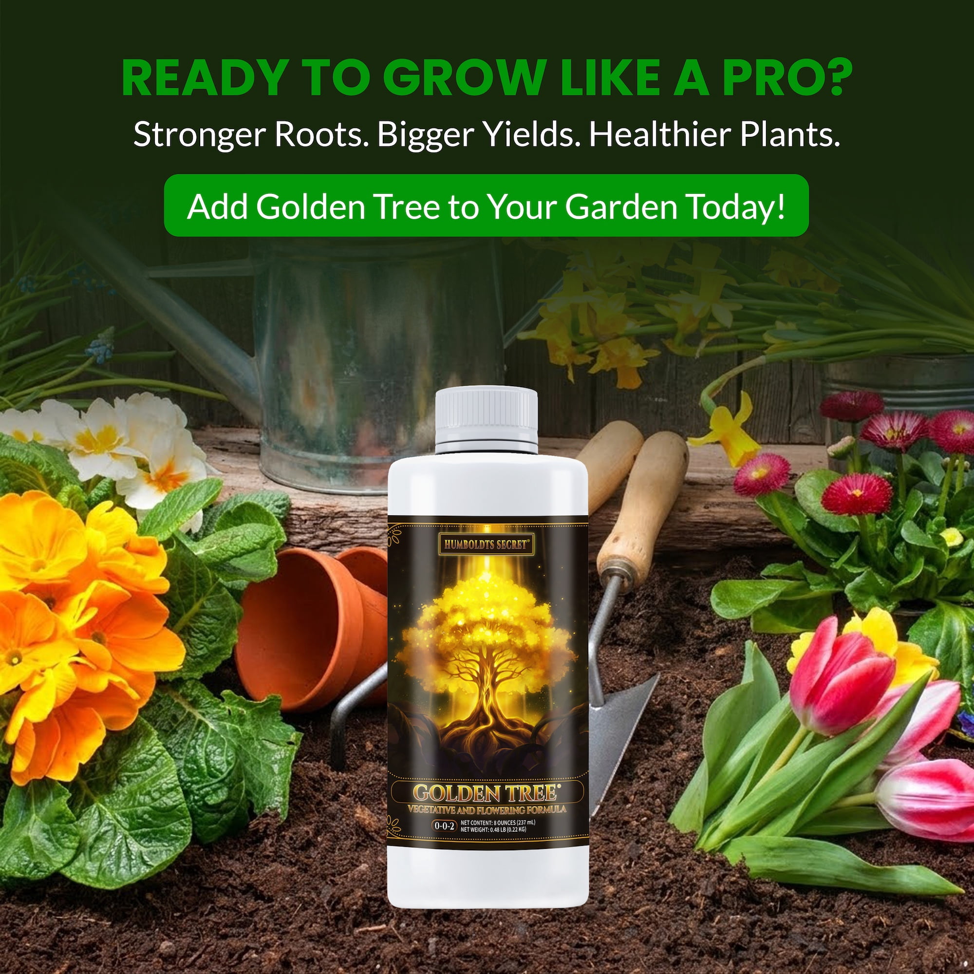 Humboldts Secret Golden Tree Liquid Plant Food | Enhances Growth Indoors or Outdoors | All-in-One Plant Nutrients for Vegetables, Trees, Flowers, Fruits, Roses, Lawns, Tomatoes | 8 Ounce