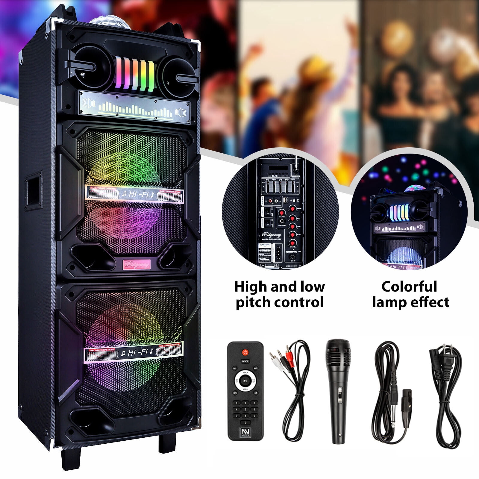 Lohoms Portable Wireless Speaker, Dual 10 Inch Woofer & Dual 2 Inch Tweeter High Powered Portable Trolley Bluetooth Speaker System, Microphone, Remote, Handle, Wheels, DJ LED Light