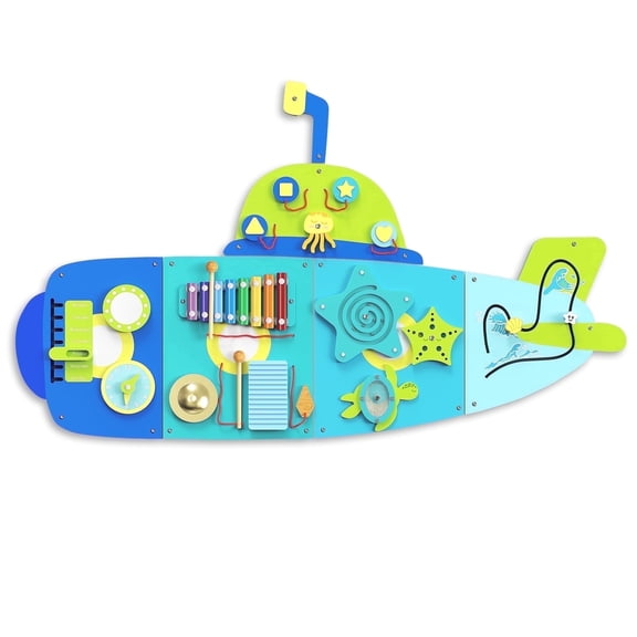 Buballino Large Wooden Submarine 12-in-1 Activity Wall Busy Board – Sensory Learning Toy for Toddlers