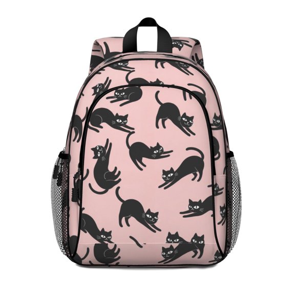 Black Cat Silhouette Pink Pattern Backpack for School, Cute School Bag with Adjustable Shoulder Straps and Padded Back, 15"x11.42"x5.5"