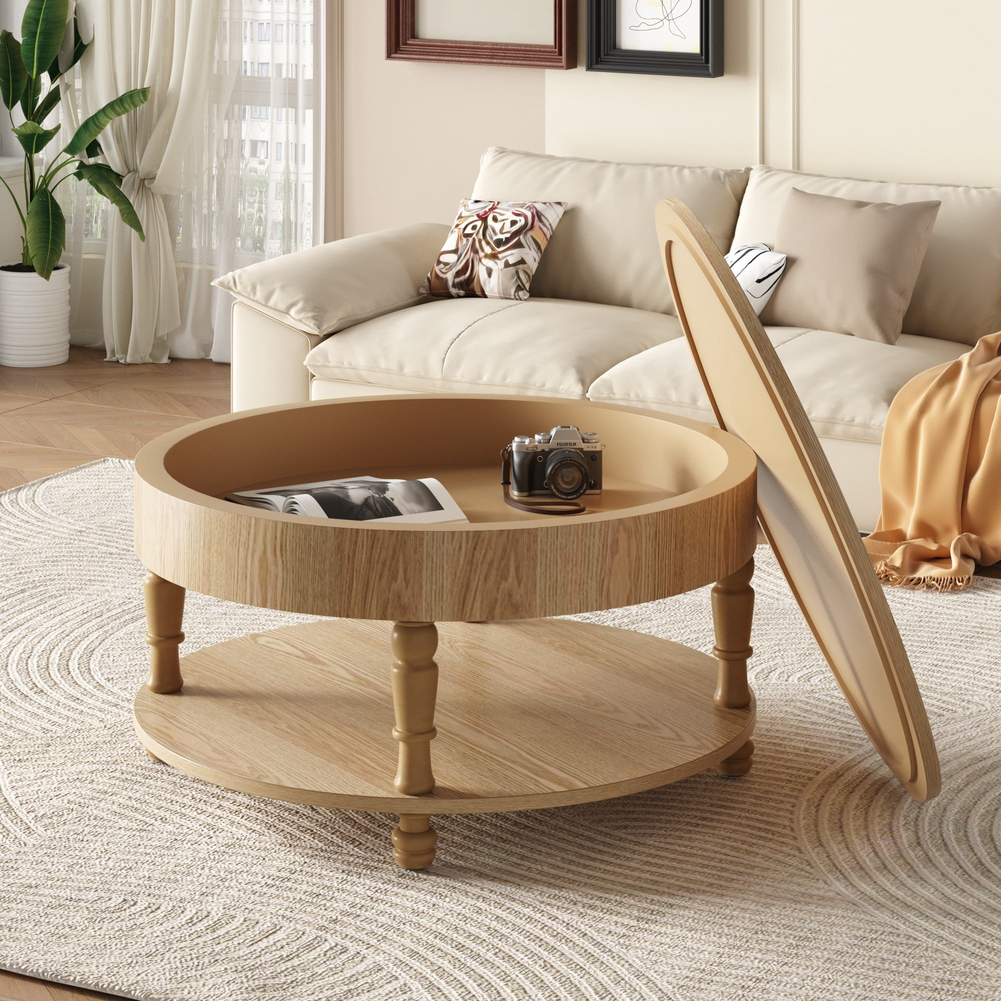 Round Coffee Table with Storage, 31.5" Modern Coffee Table with Hidden Compartment and Shelf, Wood Living Room Center Table, Natural