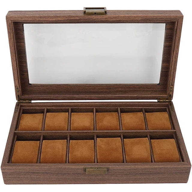 Caja Organizadora para Relojes de Grano de Madera, Caja de Almacenamiento de Lujo con 12 Compartimentos con Interior de Cuero PU Resistente a los Arañazos