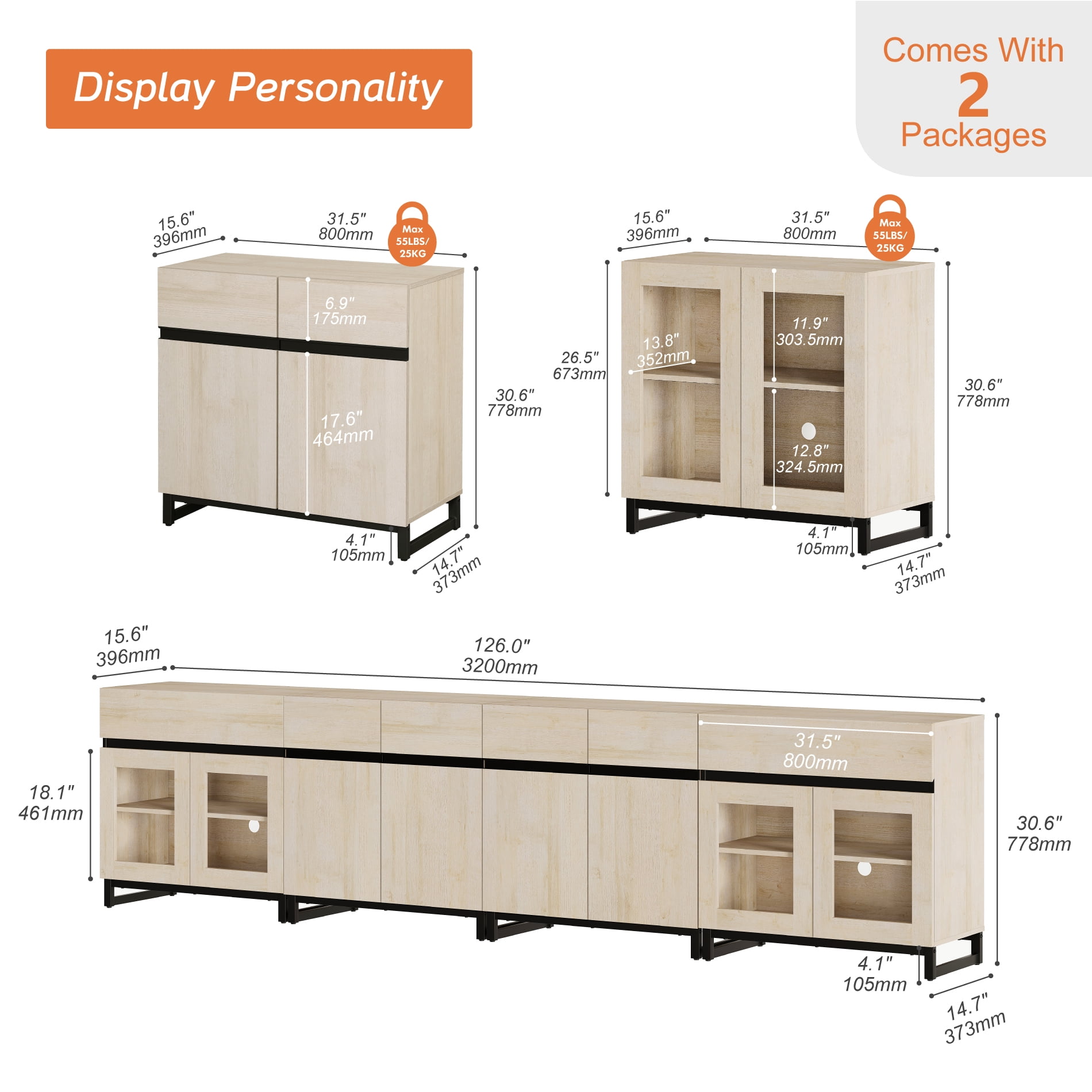4 In 1 Sideboard Buffet Cabinets With Glass Doors And 2 Drawers, Modern Sideboard Credenza With Adjustable Shelf And Metal Base, Coffee Bar Cabinet Storage Cabinet,Beige