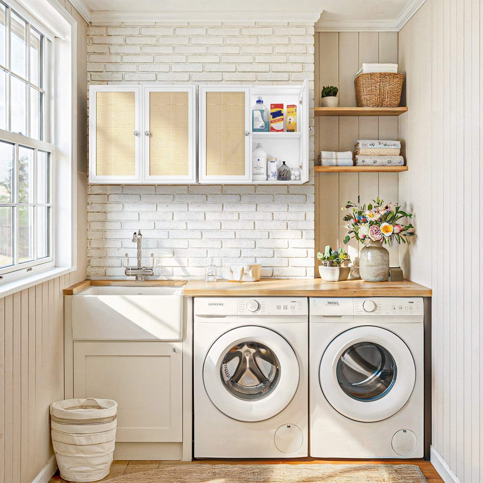 48 Inches Laundry Room Wall Cabinets Bathroom Cabinets Wall Mounted with Adjustable Shelves, Rattan Wall Cabinet for Bedroom, Kitchen, Bathroom