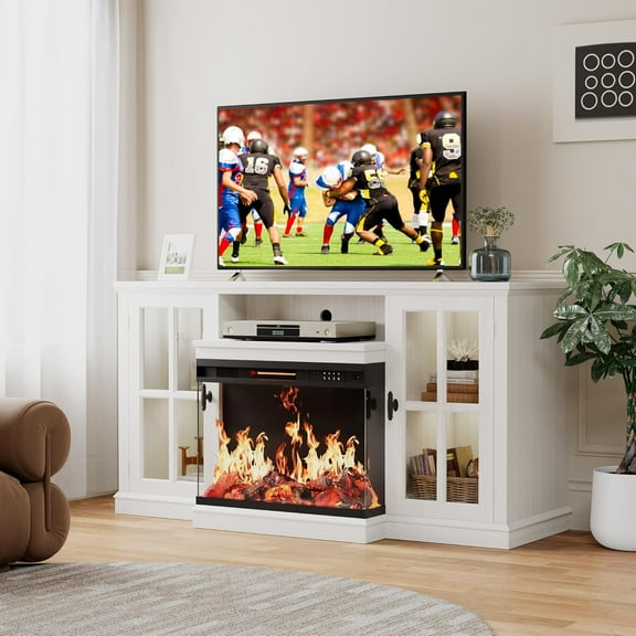 Flamaker Fireplace TV Stand for TVs up to 65'', 3-Sided Glass Media Entertainment Center Console with Storage, Adjustable Flame LED Color for Living Room (White)